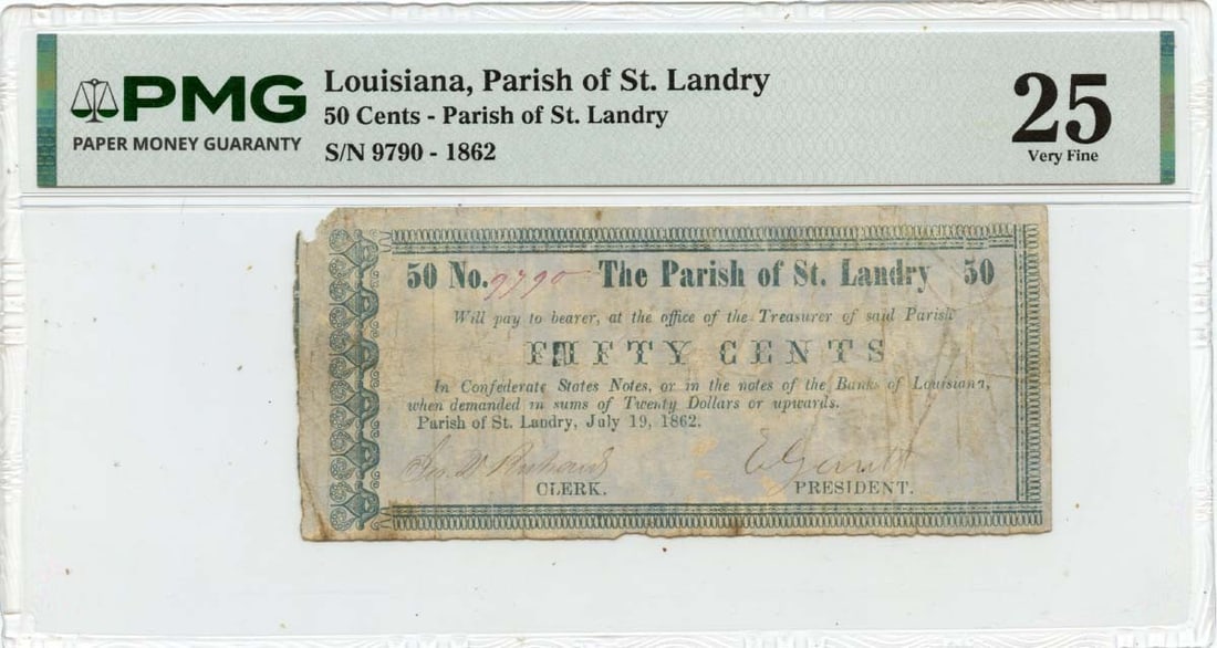 PMG VF25 1862 Parish of St. Landry Louisiana 50 Cents Obsolete Note: PMG VF25 1862 Parish of St. Landry Louisiana 50 Cents Obsolete Note 1862 Parish of St. Landry, Louisiana obsolete note graded PMG VF25. This pre-owned, circulated note is a collectible example of Loui