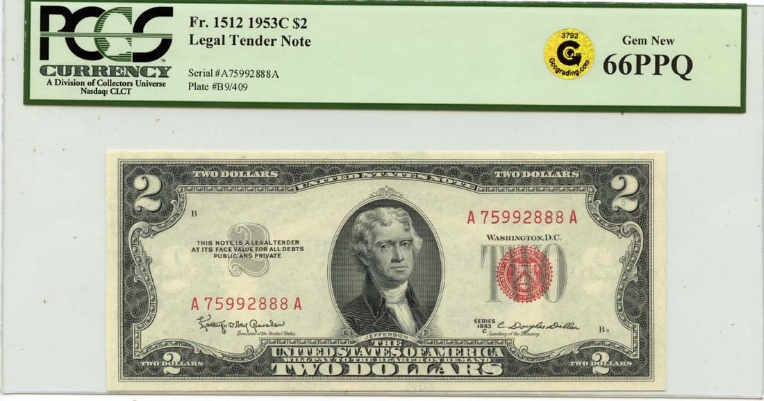 PCGS Gem 66 PPQ 1953C $2 United States Legal Tender Note FR#1512: PCGS Gem 66 PPQ 1953C $2 United States Legal Tender Note FR#1512 1953C $2 Legal Tender Note certified by PCGS Currency and graded GEM 66 PPQ. This United States note is listed as uncirculated and pre-