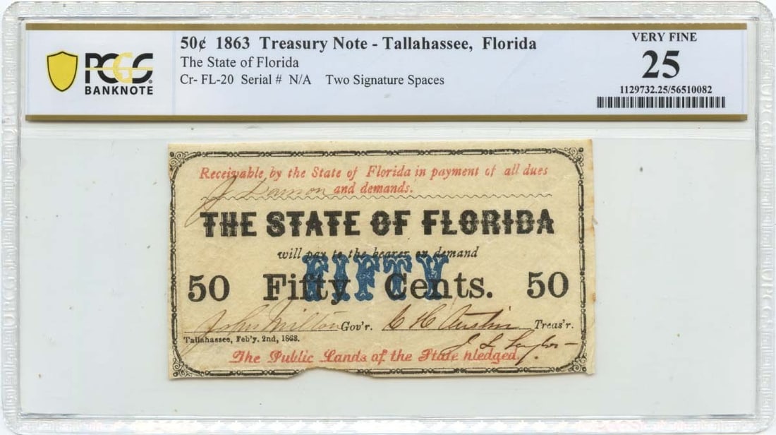 State of Florida Tallahassee 1863 50 Cents Obsolete Banknote PCGS VF25 (1 of 2)
