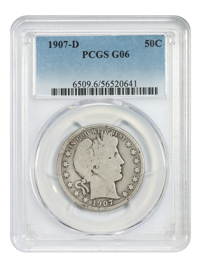 PCGS Good 06 1907-D Barber Half Dollar 50C: PCGS Good 06 1907-D Barber Half Dollar 50C 1907-D Barber Half Dollar certified by PCGS in Good 06 condition. This circulated, pre-owned coin is identified as a 50C denomination issue from the Denver M