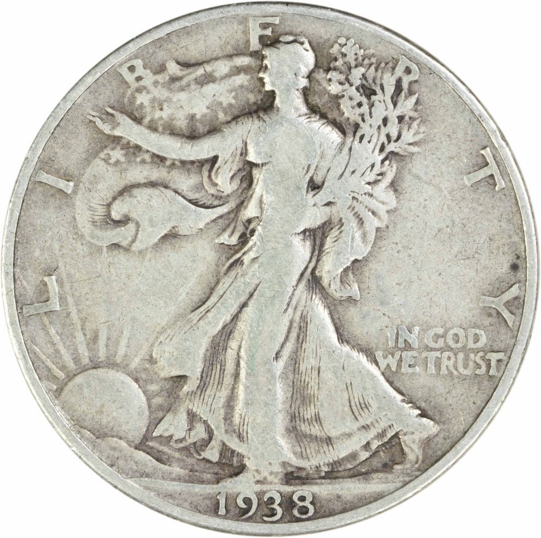 United States 1938 D Liberty Walking 50C Silver Coin F: United States 1938 D Liberty Walking 50C Silver Coin F 1938-D Walking Liberty silver half dollar coin. This circulated, uncertified example is graded F and is a pre-owned piece from the United States.