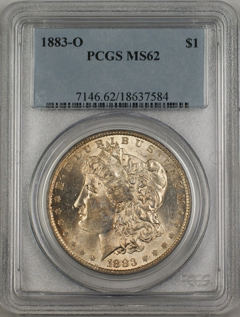 PCGS MS62 1883-O Morgan Silver Dollar Light Toning: PCGS MS62 1883-O Morgan Silver Dollar Light Toning This 1883-O Morgan Silver Dollar features a lightly toned finish and has been graded MS-62 by PCGS. Struck in New Orleans, it is composed of silver a