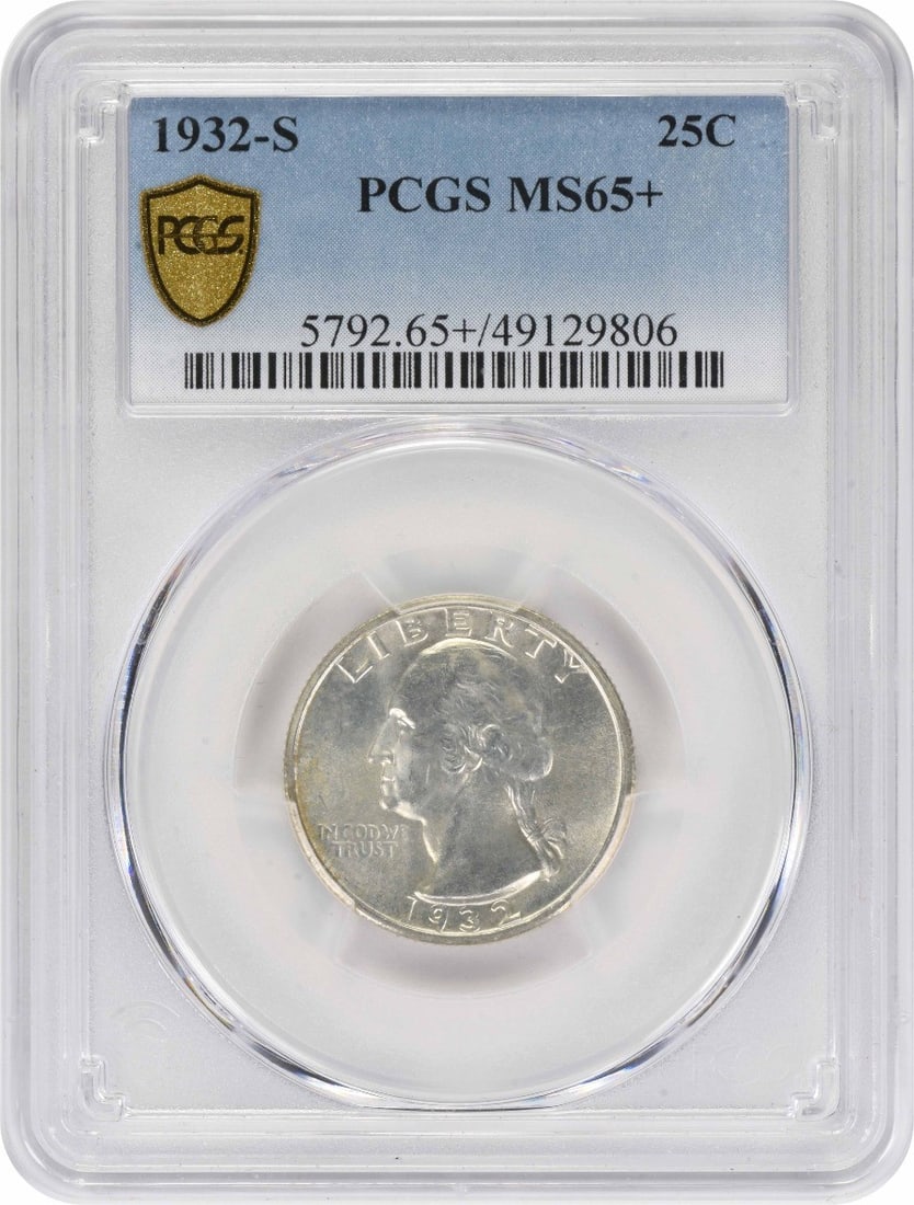 PCGS MS65+ 1932-S Washington Quarter Silver 25C: PCGS MS65+ 1932-S Washington Quarter Silver 25C 1932-S Washington quarter certified by PCGS. This silver 25C coin is offered in uncirculated, pre-owned condition. Specifications Year: 1932 Coin: Washi