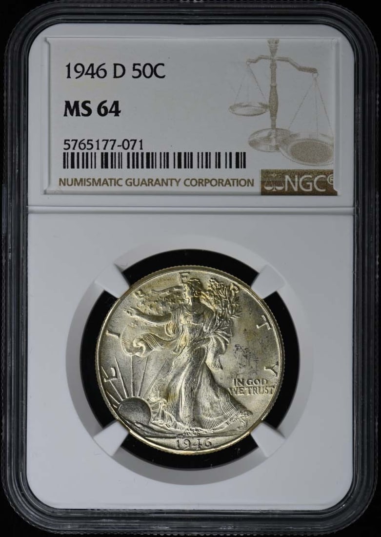 NGC MS64 1946 D Walking Liberty 50C Half Dollar: NGC MS64 1946 D Walking Liberty 50C Half Dollar 1946-D Walking Liberty Half Dollar certified by NGC and graded MS64. This uncirculated United States coin is a pre-owned example of the popular Walking 