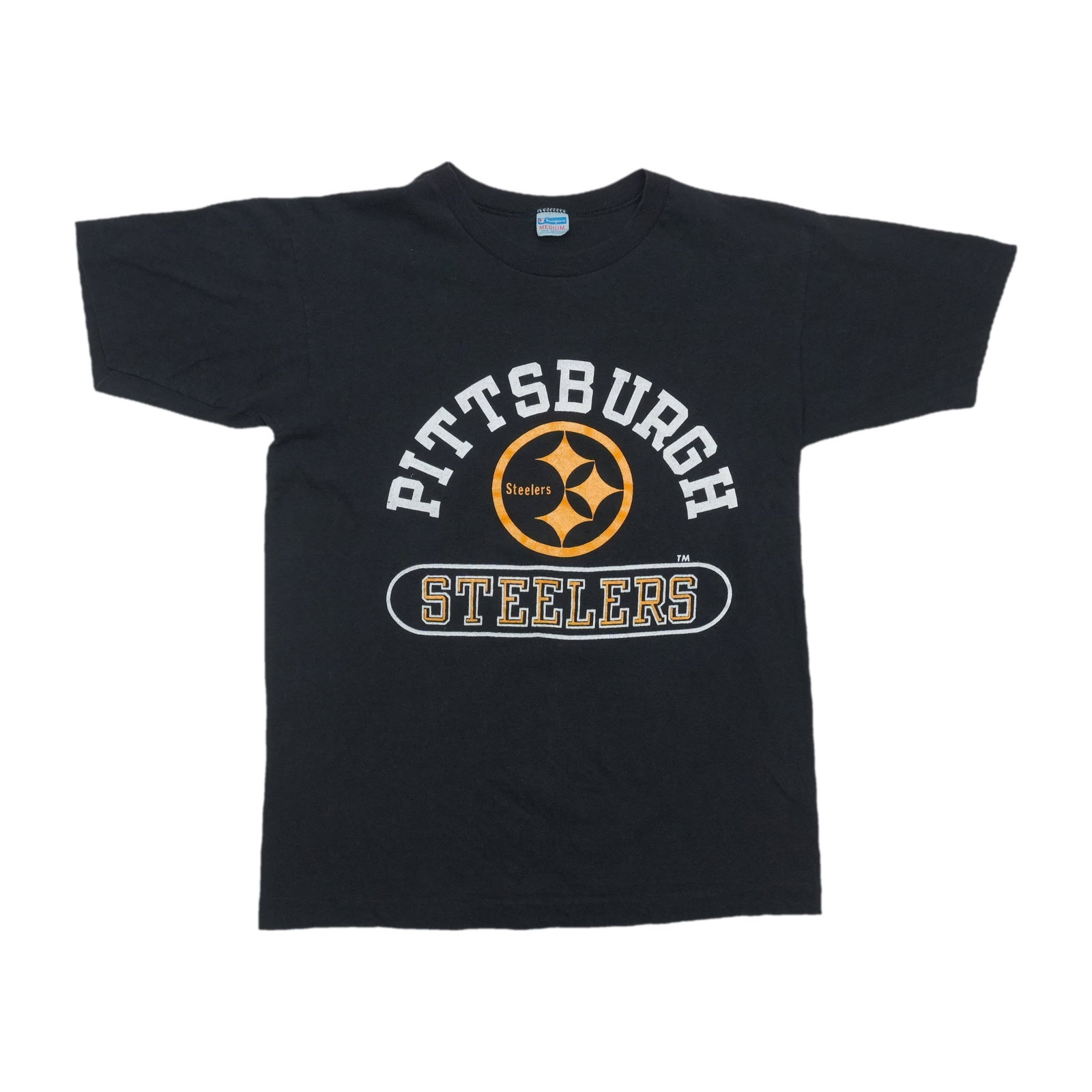 Vintage 1970s Pittsburgh Steelers Champion Blue Bar Black Shirt: Vintage 1970s Pittsburgh Steelers Champion Blue Bar Black Shirt This original vintage 1970s Pittsburgh Steelers Champion Blue Bar shirt is a genuine piece from the era, not a modern reproduction. Made