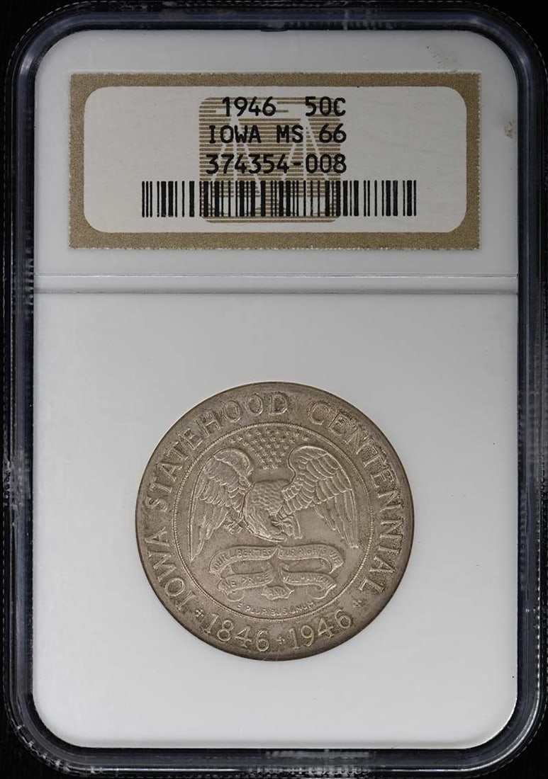 NGC MS66 1946 Iowa 50C Silver Commemorative Coin: NGC MS66 1946 Iowa 50C Silver Commemorative Coin 1946 Iowa Silver Commemorative 50C certified by NGC and graded MS66. This uncirculated pre-owned coin was minted in Philadelphia and issued in the Unit
