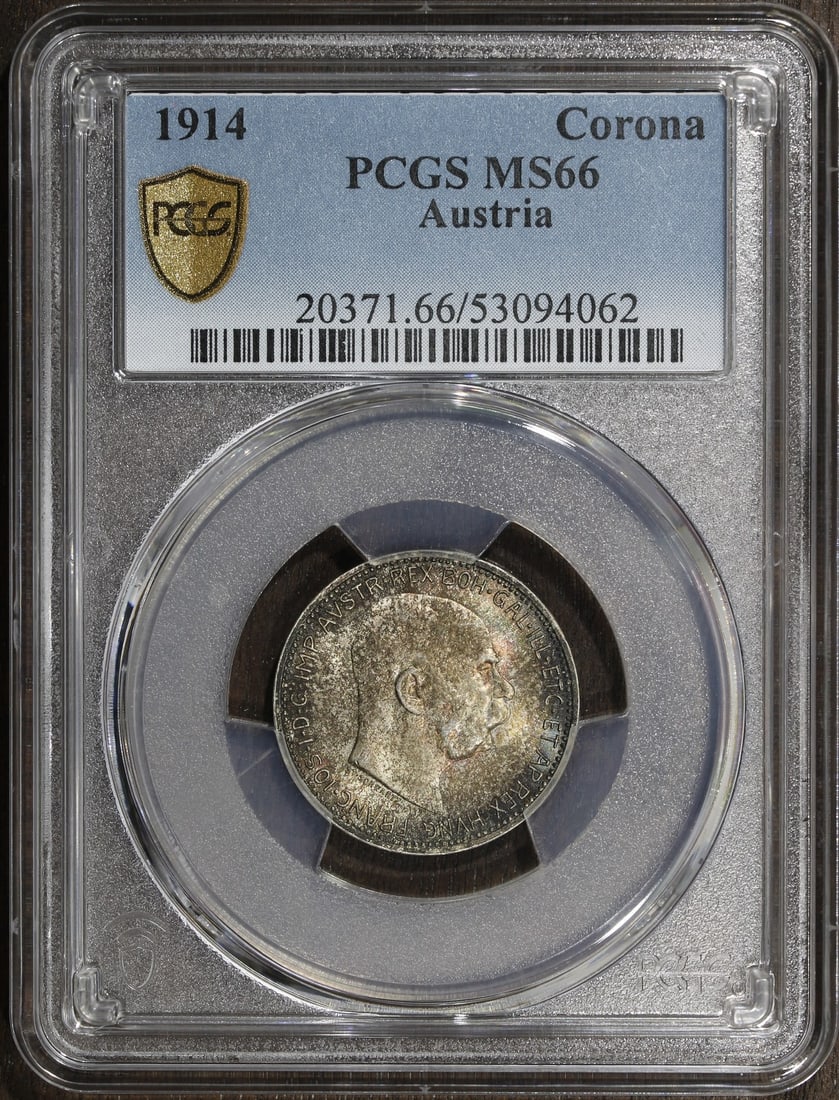 Austria 1914 Silver 1 Corona PCGS MS66 Rainbow Toned (1 of 3)