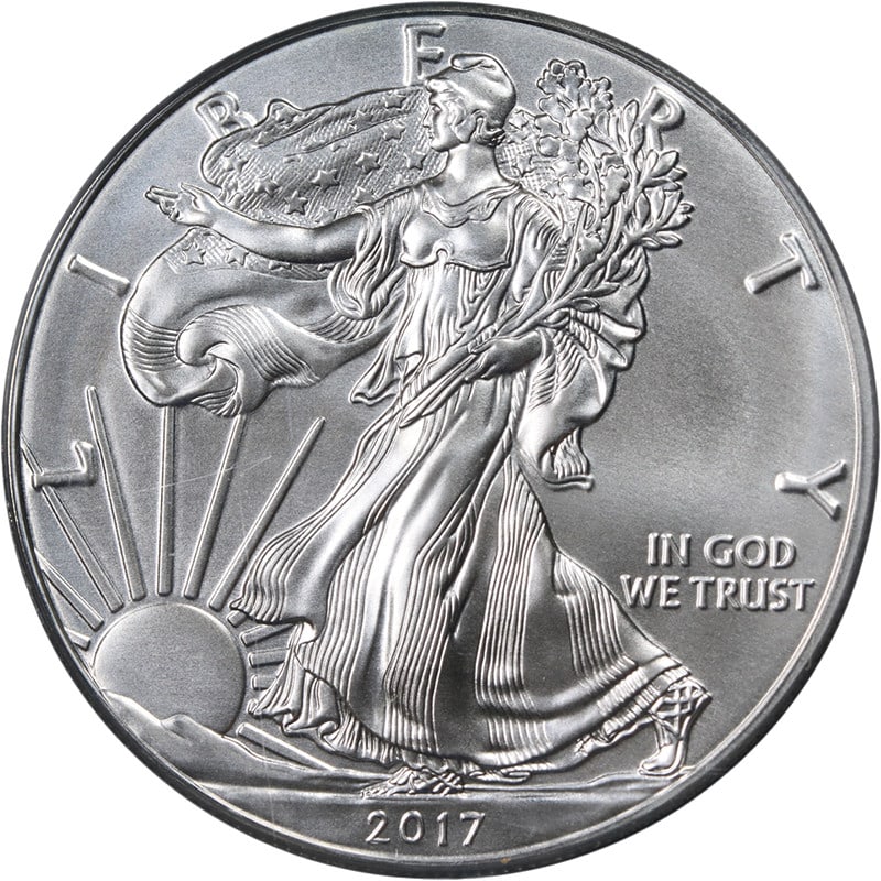 PCGS MS70 First Strike Flag Label 2017 American Silver Eagle Dollar: PCGS MS70 First Strike Flag Label 2017 American Silver Eagle Dollar Original 2017 Silver American Eagle $1 coin graded PCGS MS70 with a First Strike Flag Label. This uncirculated coin is offered as a 