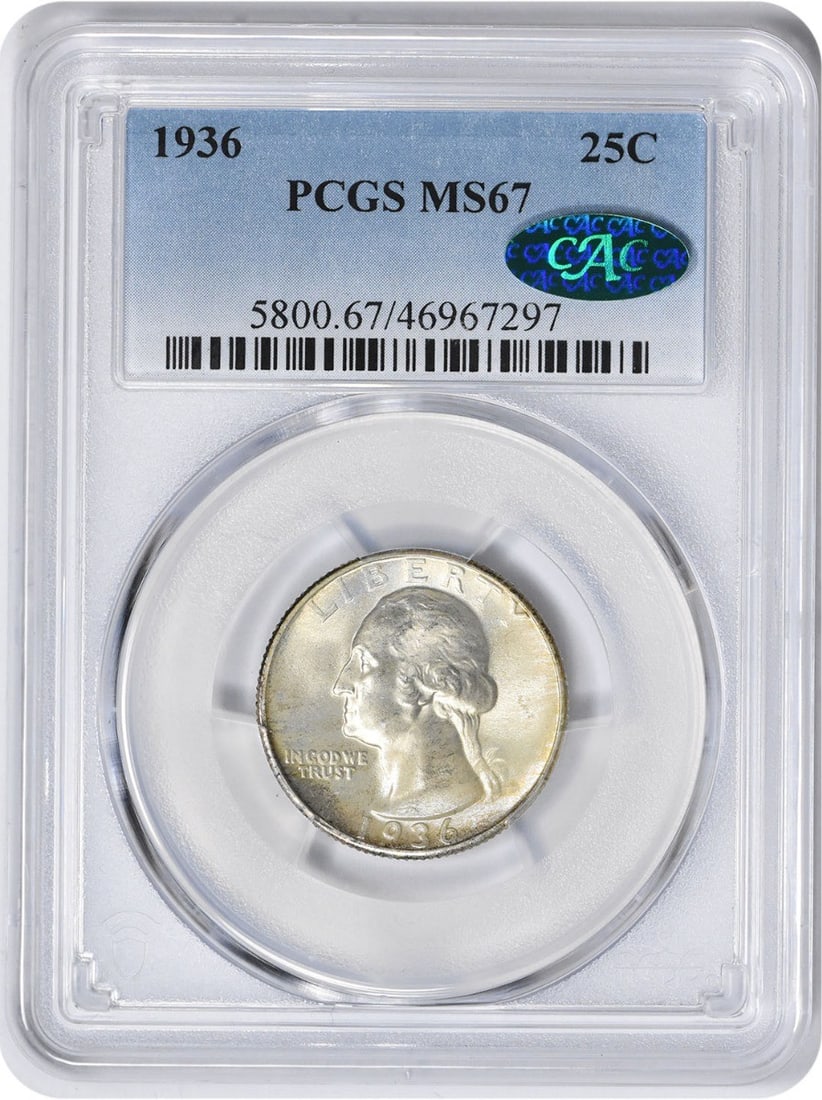 1936 Washington Silver Quarter MS67 PCGS CAC 90% Silver: 1936 Washington Silver Quarter MS67 PCGS CAC 90% Silver This 1936 Washington Silver Quarter is graded MS67 by PCGS and features the CAC sticker, indicating its high quality and authenticity. Struck in