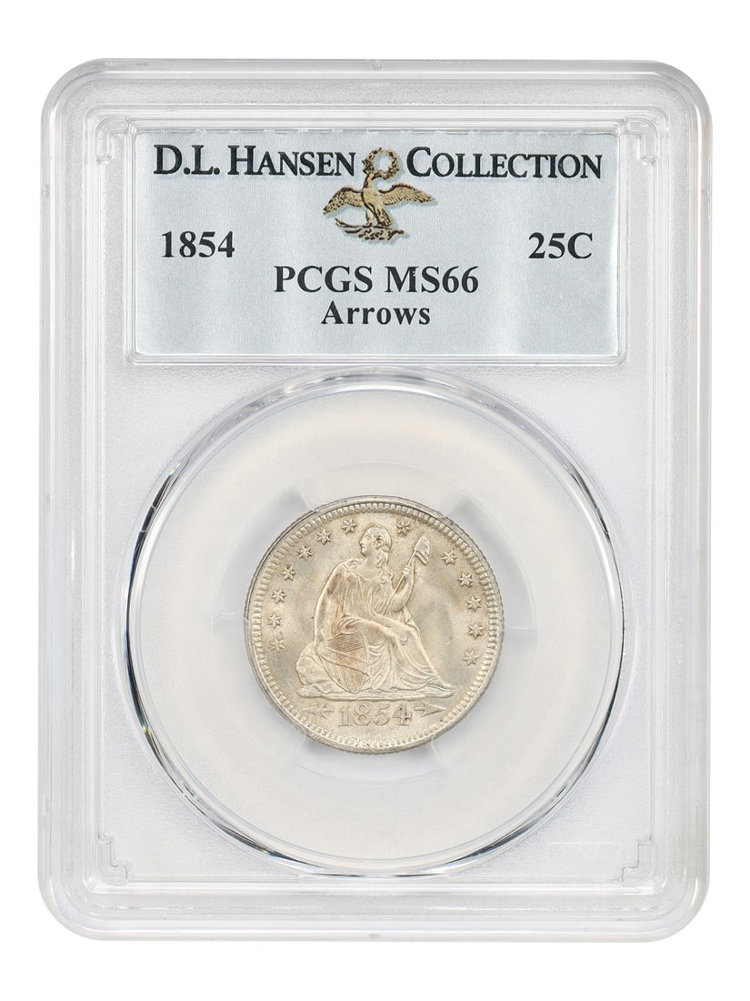 Liberty Seated Quarter 1854 25C Arrows PCGS MS66 ex D.L. Hansen: Liberty Seated Quarter 1854 25C Arrows PCGS MS66 ex D.L. Hansen 1854 Liberty Seated Quarter, Arrows variety, graded PCGS MS66 and offered ex: D.L. Hansen. This uncirculated Philadelphia issue is descr