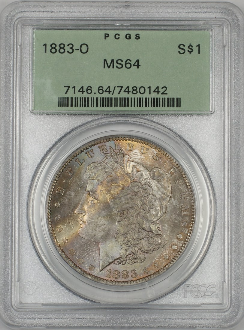 PCGS MS64 1883-O Morgan Silver Dollar Beautifully Toned Obverse: PCGS MS64 1883-O Morgan Silver Dollar Beautifully Toned Obverse This 1883-O Morgan Silver Dollar features a beautifully toned obverse and is graded MS-64 by PCGS. Struck in New Orleans, this uncircula