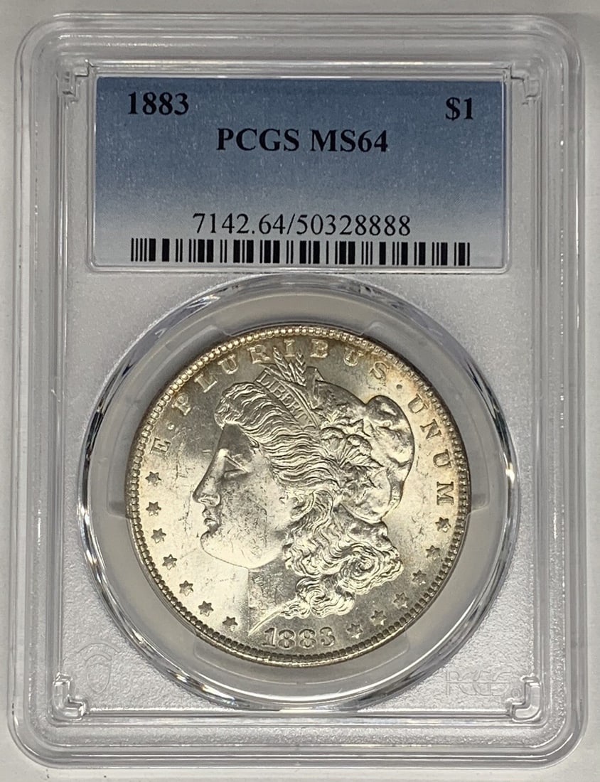 PCGS MS64 1883 Silver Morgan Dollar Coin United States Certified: PCGS MS64 1883 Silver Morgan Dollar Coin United States Certified This 1883 Morgan Silver Dollar is a certified coin graded MS 64 by PCGS. It is composed of silver, uncirculated, and originates from th