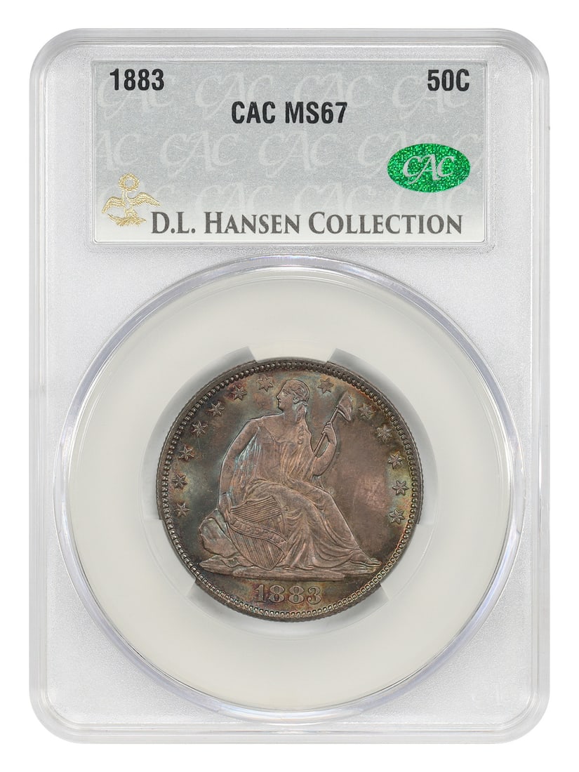 Liberty Seated Half Dollar 1883 50C CACG MS67 ex D.L. Hansen: Liberty Seated Half Dollar 1883 50C CACG MS67 ex D.L. Hansen 1883 Liberty Seated Half Dollar certified by CACG as MS67. The limited 8,000 coin mintage makes this a scarce issue to locate in any grade.