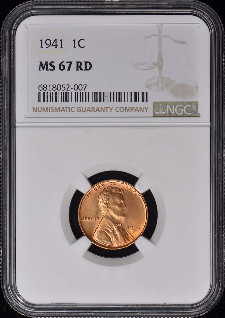1941 NGC MS67RD Wheat Reverse Lincoln Cent Uncirculated: 1941 NGC MS67RD Wheat Reverse Lincoln Cent Uncirculated This 1941 Wheat Reverse Lincoln Cent is a remarkable piece, certified by NGC with a grade of MS67RD, indicating its uncirculated condition. Stru