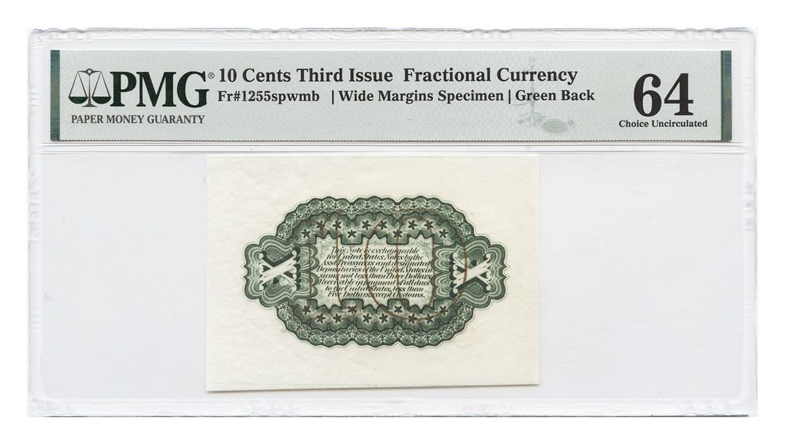 10C Third Issue Fractional Currency PMG UNC64 Fr. 1255spwmb: 10C Third Issue Fractional Currency PMG UNC64 Fr. 1255spwmb Third Issue 10 Cents fractional specimen note certified by PMG and graded Choice Uncirculated 64. This pre-owned note is identified as Fr. 1