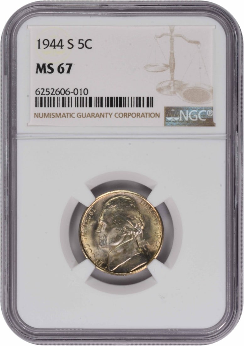 1944 S Silver Jefferson Five Cent Coin MS67 Graded by NGC: 1944 S Silver Jefferson Five Cent Coin MS67 Graded by NGC This 1944-S Jefferson Nickel is an un-used coin graded MS67 by NGC. Composed of silver, it was minted in San Francisco and features the classi