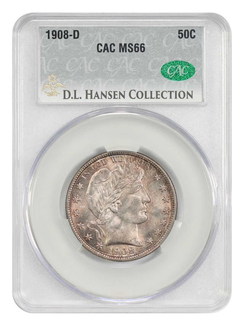 Barber Half Dollar 1908-D 50C MS66 CACG ex D.L. Hansen: Barber Half Dollar 1908-D 50C MS66 CACG ex D.L. Hansen 1908-D Barber Half Dollar certified by CACG in MS66 grade. This uncirculated coin is described as elusive in gem and above, with full mint frost,