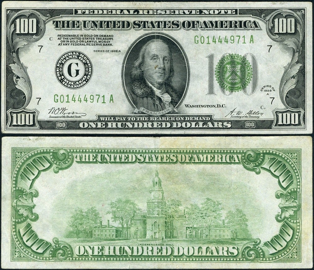 1928-A Chicago $100 Federal Reserve Note FR 2151 G DGS VF+ (1 of 3)