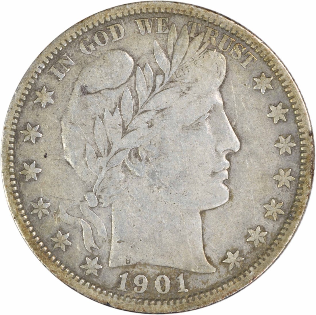 1901 S Barber 50C Silver Half Dollar VF Uncertified: 1901 S Barber 50C Silver Half Dollar VF Uncertified 1901-S Barber silver half dollar in VF grade. This circulated, uncertified United States 50C coin is a pre-owned example of the Barber half dollar s
