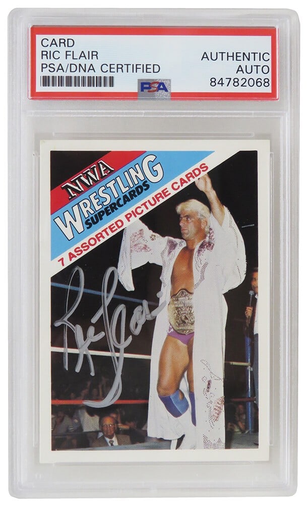 Ric Flair Signed NWA 1988 Wonderama Card PSA Encapsulated: Ric Flair Signed NWA 1988 Wonderama Card PSA Encapsulated This is a Ric Flair signed NWA 1988 Wonderama wrestling trading card, a must-have for any wrestling fan or collector. The card is original and