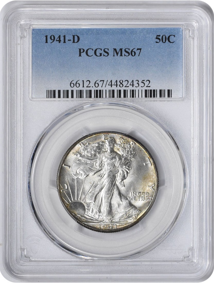 1941-D Walking Liberty Half Dollar MS67 PCGS Uncirculated 90% Silver: 1941-D Walking Liberty Half Dollar MS67 PCGS Uncirculated 90% Silver This 1941-D Walking Liberty Silver Half Dollar is a remarkable piece, graded MS67 by PCGS, indicating it is in uncirculated conditi