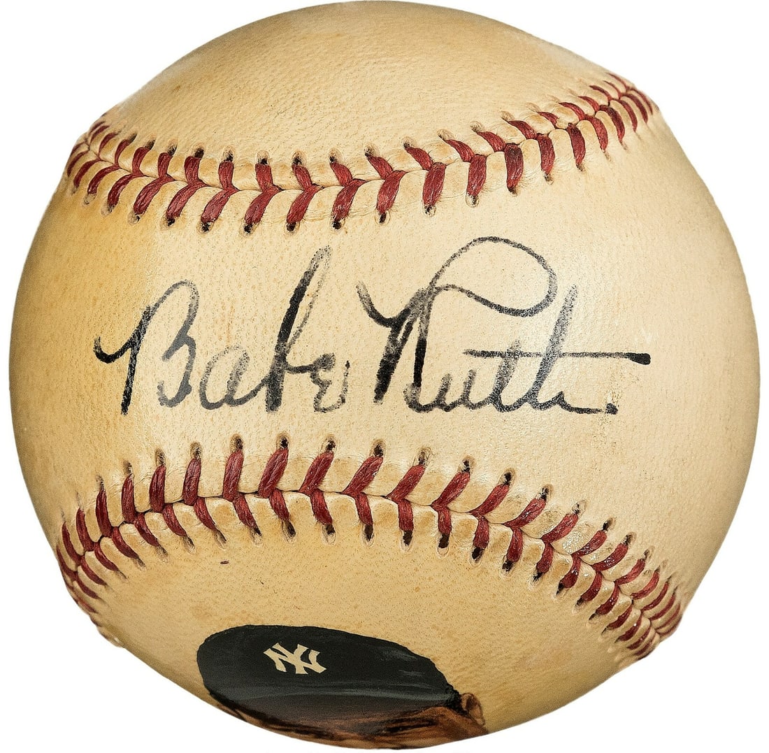 Babe Ruth Signed 1948 MLB Baseball with PSA Authentication: Babe Ruth Signed 1948 MLB Baseball with PSA Authentication This remarkable Babe Ruth single signed baseball from 1948 is a true collector's gem. It features a bold and large autograph of The Sultan of