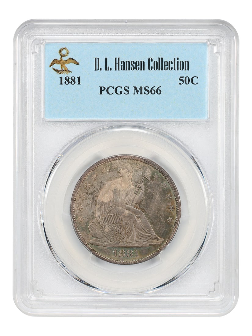 PCGS MS66 1881 Liberty Seated Half Dollar ex D.L. Hansen: PCGS MS66 1881 Liberty Seated Half Dollar ex D.L. Hansen 1881 Liberty Seated Half Dollar certified by PCGS as MS66. This uncirculated example is ex: D.L. Hansen. A condition rarity from a mintage of o