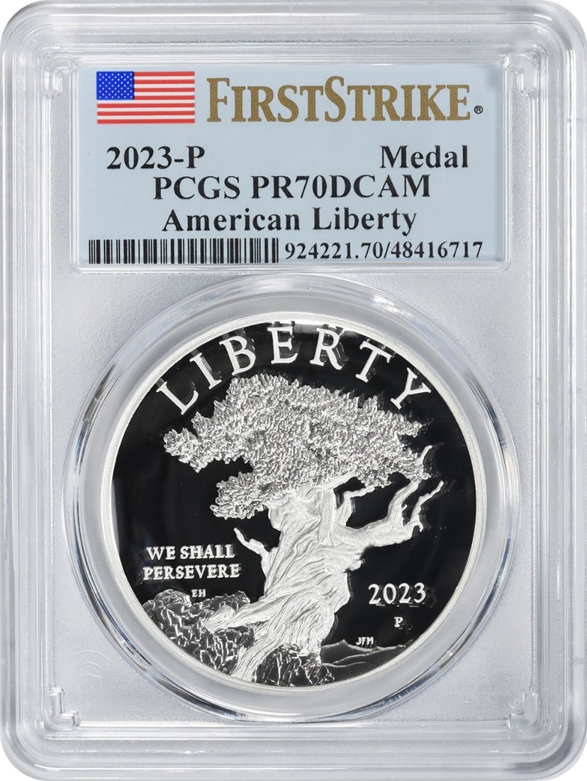 PCGS PR70DCAM First Strike 2023-P American Liberty Silver Medal: PCGS PR70DCAM First Strike 2023-P American Liberty Silver Medal 2023-P American Liberty silver medal graded PR70DCAM by PCGS with a First Strike designation. This uncirculated pre-owned medal is struc