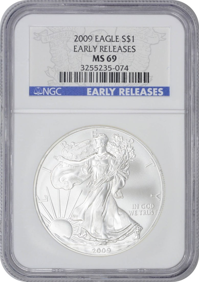 MS69 2009 Silver American Eagle Dollar 1 oz NGC Certified: MS69 2009 Silver American Eagle Dollar 1 oz NGC Certified This 2009 American Silver Eagle Early Releases Dollar has been certified by NGC with a grade of MS69. It contains 1 oz of 0.999 fine silver an