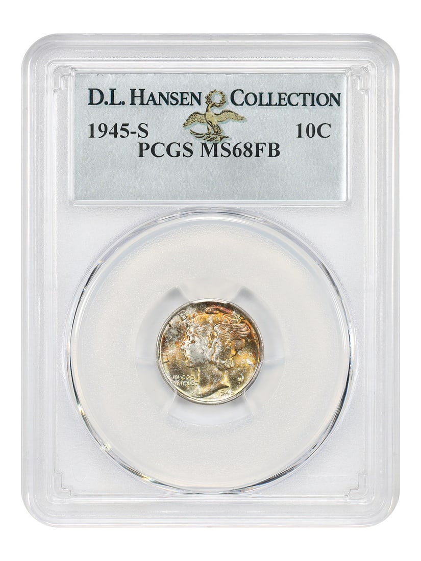 Mercury Dime 1945-S 10C PCGS MS68FB: Mercury Dime 1945-S 10C PCGS MS68FB 1945-S Mercury Dime certified by PCGS as MS68FB. PCGS has only graded one MS68+FB finer than the present piece. The obverse shows orange toning that fades into gold