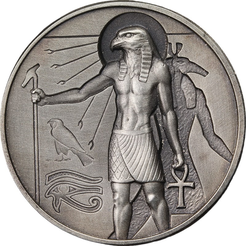 2 oz antiqued .999 silver round Egyptian Gods Horus: 2 oz antiqued .999 silver round Egyptian Gods Horus Egyptian Gods Series Horus 2 ounce silver antiqued .999 fine stock piece. This pre-owned coin is described as uncirculated with mint state grade. Yo