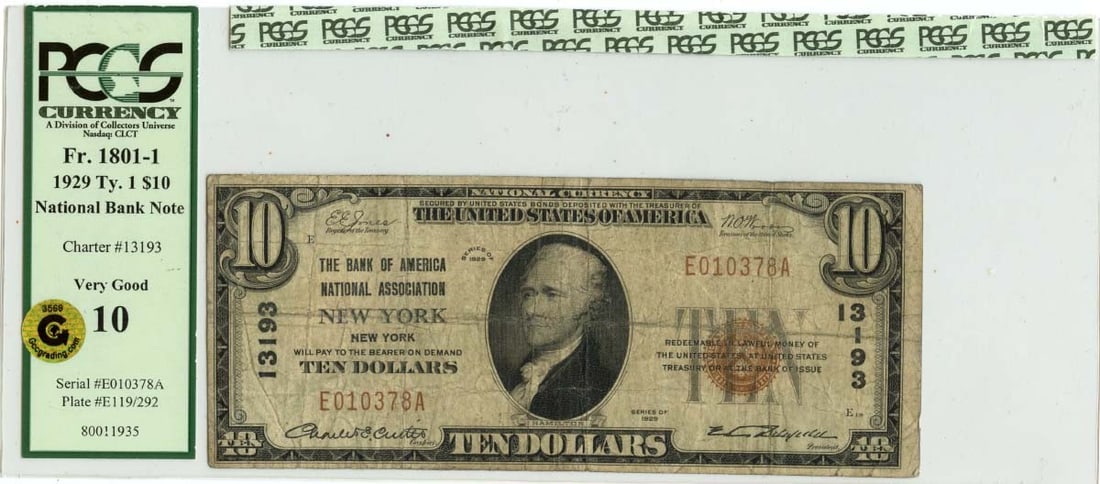 1929 $10 New York National Bank Note PCGS Currency F10 Ch#13193: 1929 $10 New York National Bank Note PCGS Currency F10 Ch#13193 1929 $10 National Bank Note from New York, New York, certified by PCGS Currency and offered in circulated, pre-owned condition. Specific