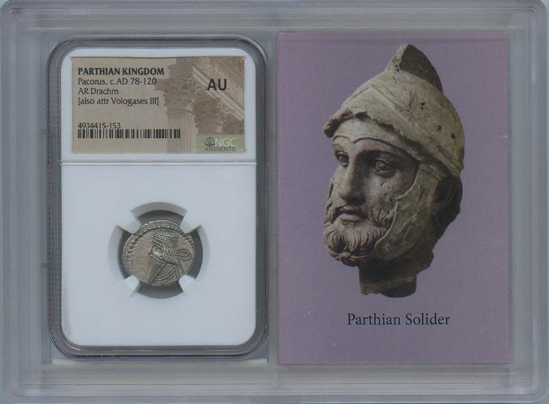 Pacorus AR Drachm c.AD 78-120 NGC AU50 Rare Ancient Coin: Pacorus AR Drachm c.AD 78-120 NGC AU50 Rare Ancient Coin This ancient silver Drachm, minted during the reign of Pacorus, Parthian Kingdom (c. AD 78-120), is certified by NGC with a grade of AU50, indi
