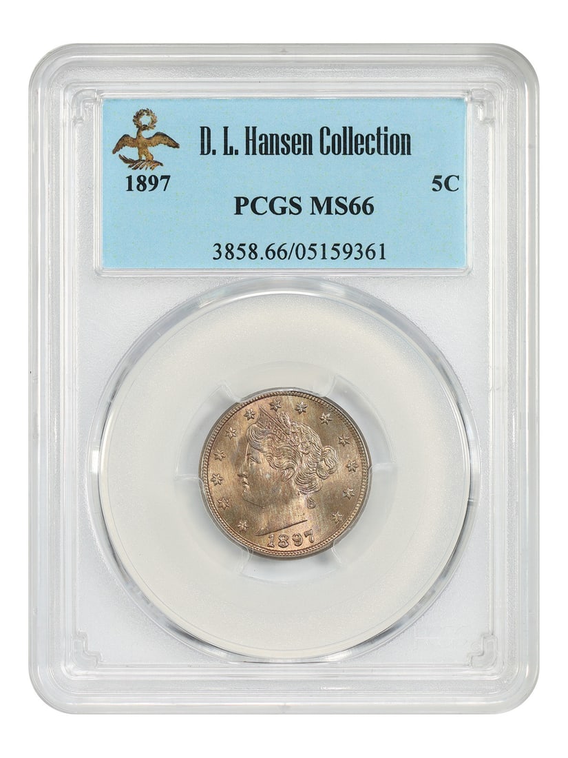 1897 Liberty Nickel 5C PCGS MS66 ex D.L. Hansen: 1897 Liberty Nickel 5C PCGS MS66 ex D.L. Hansen 1897 Liberty Nickel, certified by PCGS as MS66 and pedigreed ex: D.L. Hansen. This uncirculated example shows a lustrous appearance with wispy golden-or