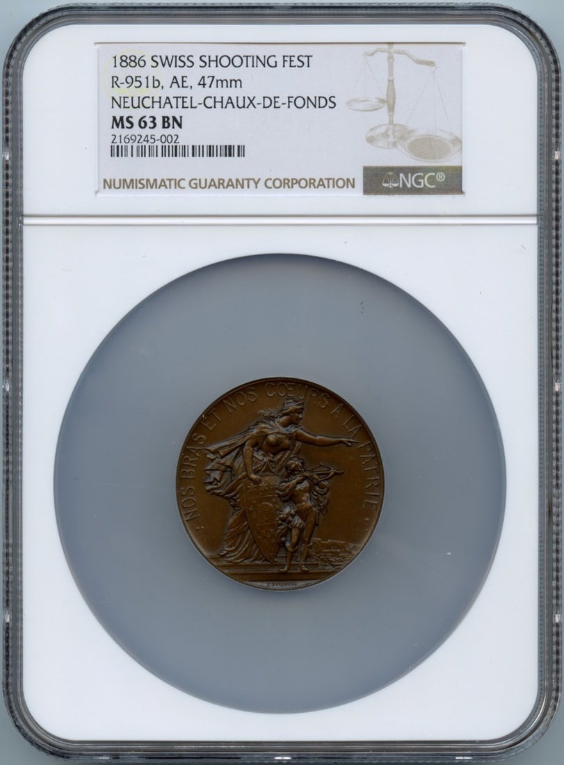 1886 Switzerland R-951b Shooting Medal 47mm NGC MS63BN: 1886 Switzerland R-951b Shooting Medal 47mm NGC MS63BN This 1886 Swiss Shooting Fest medal is an un-used, pre-owned collectible coin certified by NGC with a grade of MS63. Originating from Switzerland