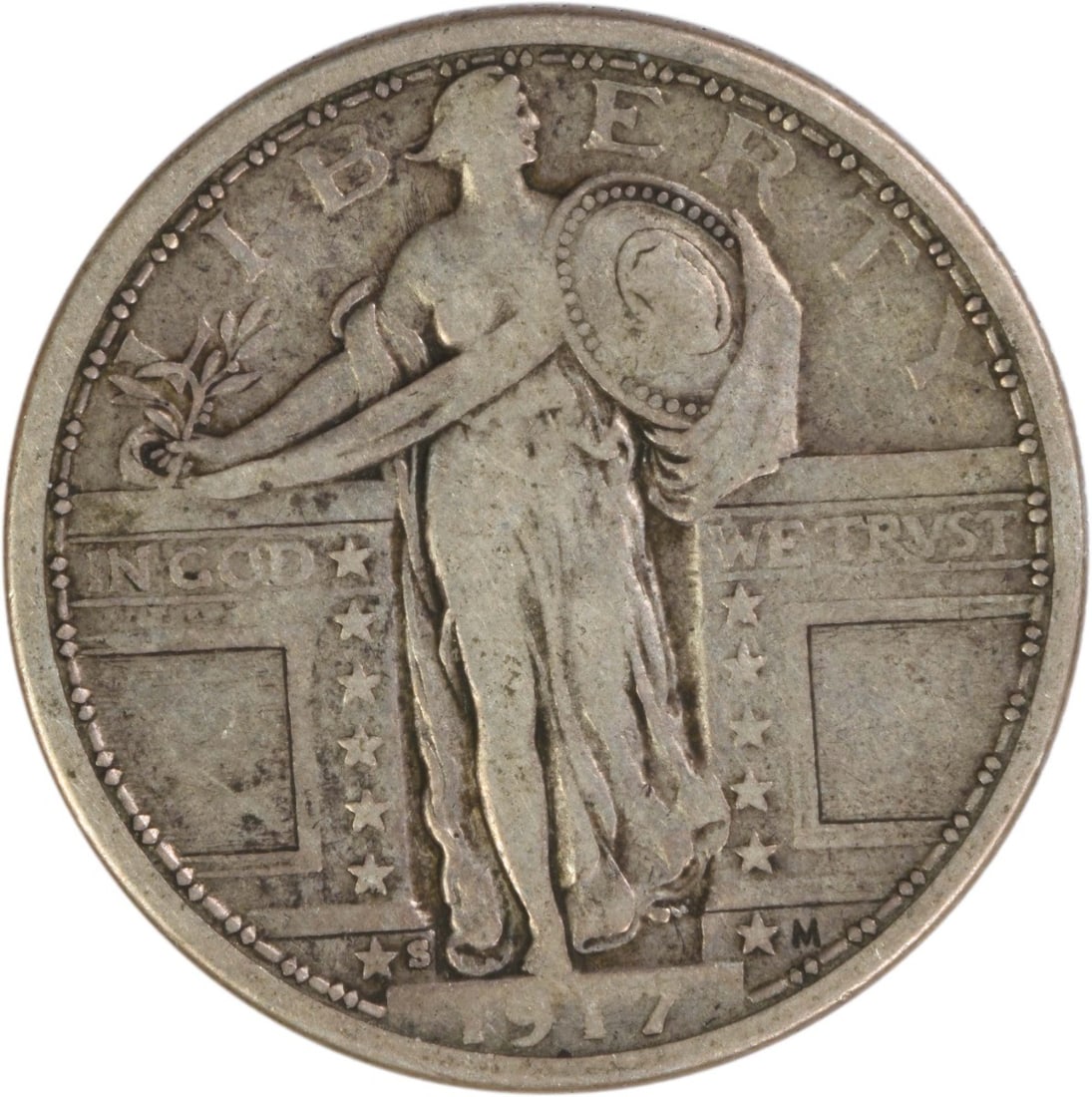 1917 San Francisco Standing Liberty Quarter 25C Type 1 Silver Coin Uncertified: 1917 San Francisco Standing Liberty Quarter 25C Type 1 Silver Coin Uncertified This is a 1917-S Standing Liberty Silver Quarter Type 1, designed by Hermon A. Mac Neil and minted in San Francisco. The 