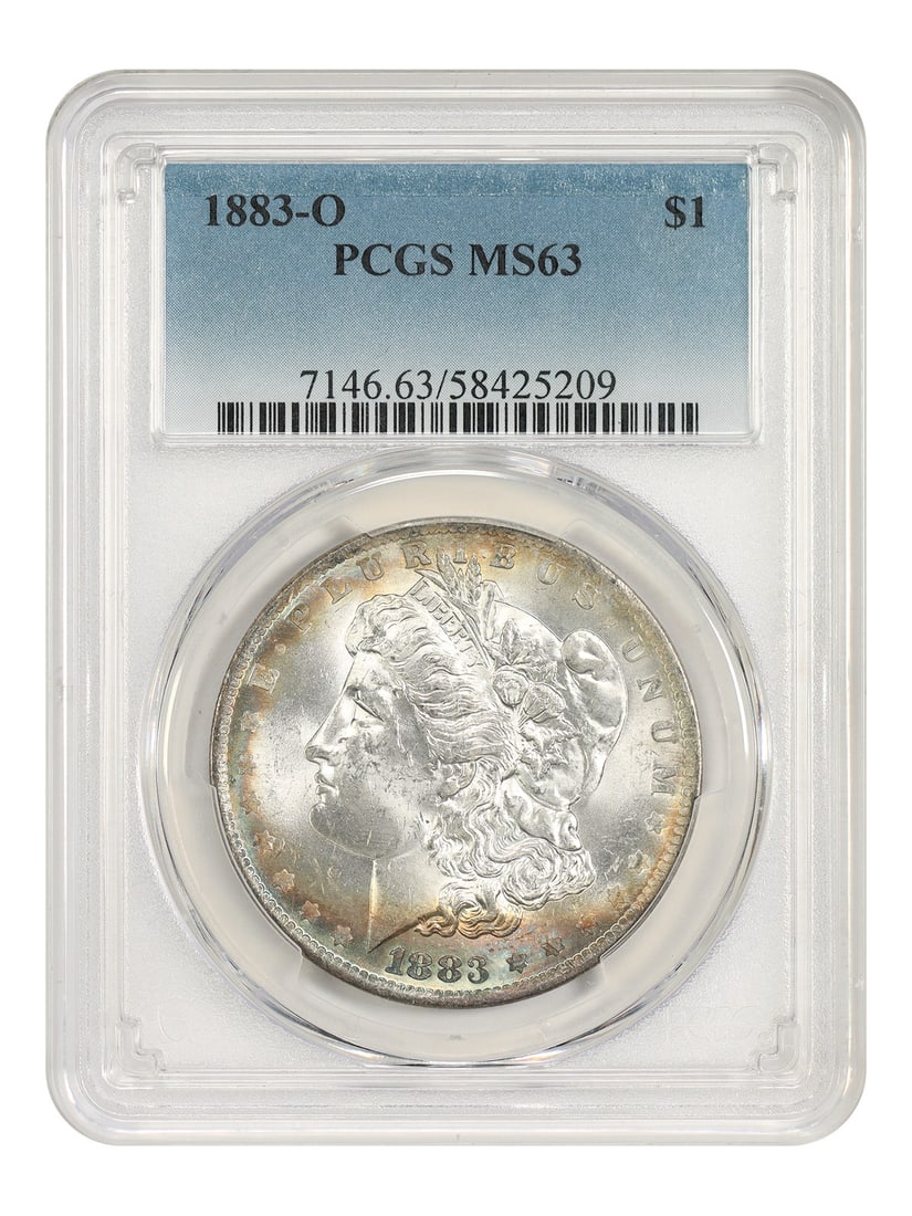 PCGS MS63 1883 O Morgan Silver Dollar $1: PCGS MS63 1883 O Morgan Silver Dollar $1 An 1883-O Morgan Dollar $1 coin certified by PCGS and graded MS63. Struck at the New Orleans mint, this uncirculated example is identified by certification num