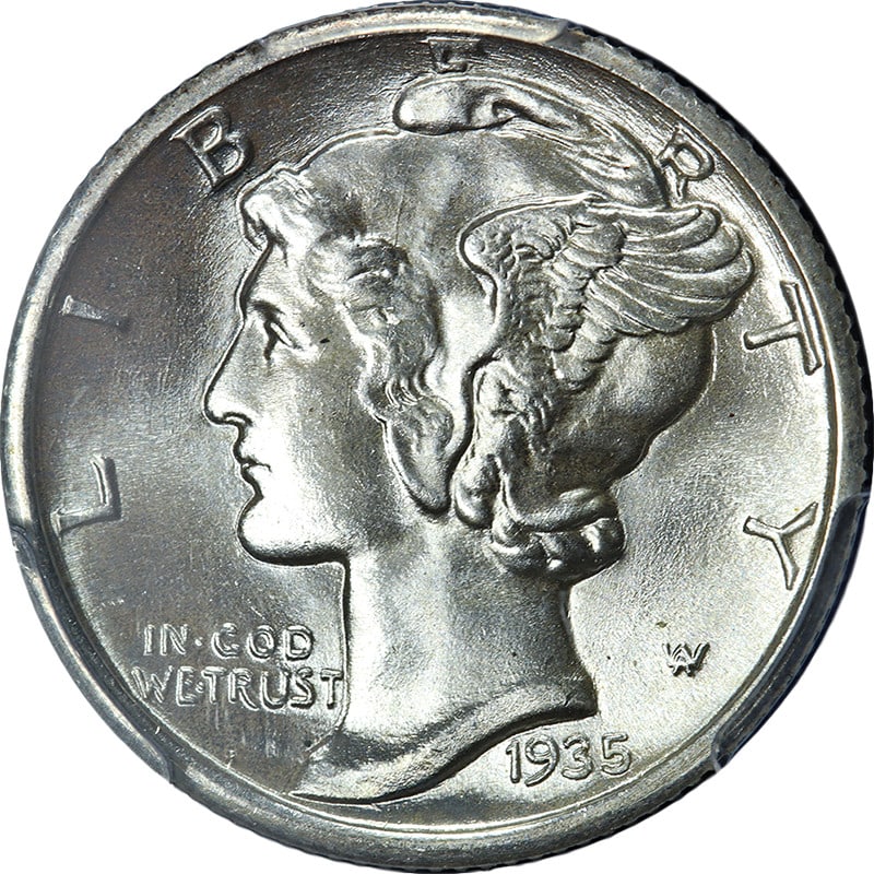 PCGS MS67 FB 1935-P Mercury Dime with CAC Sticker: PCGS MS67 FB 1935-P Mercury Dime with CAC Sticker A wonderfully original 1935-P Mercury Dime with superb eye appeal, fantastic luster, and a strong strike. It is described as a blazing white Gem with 
