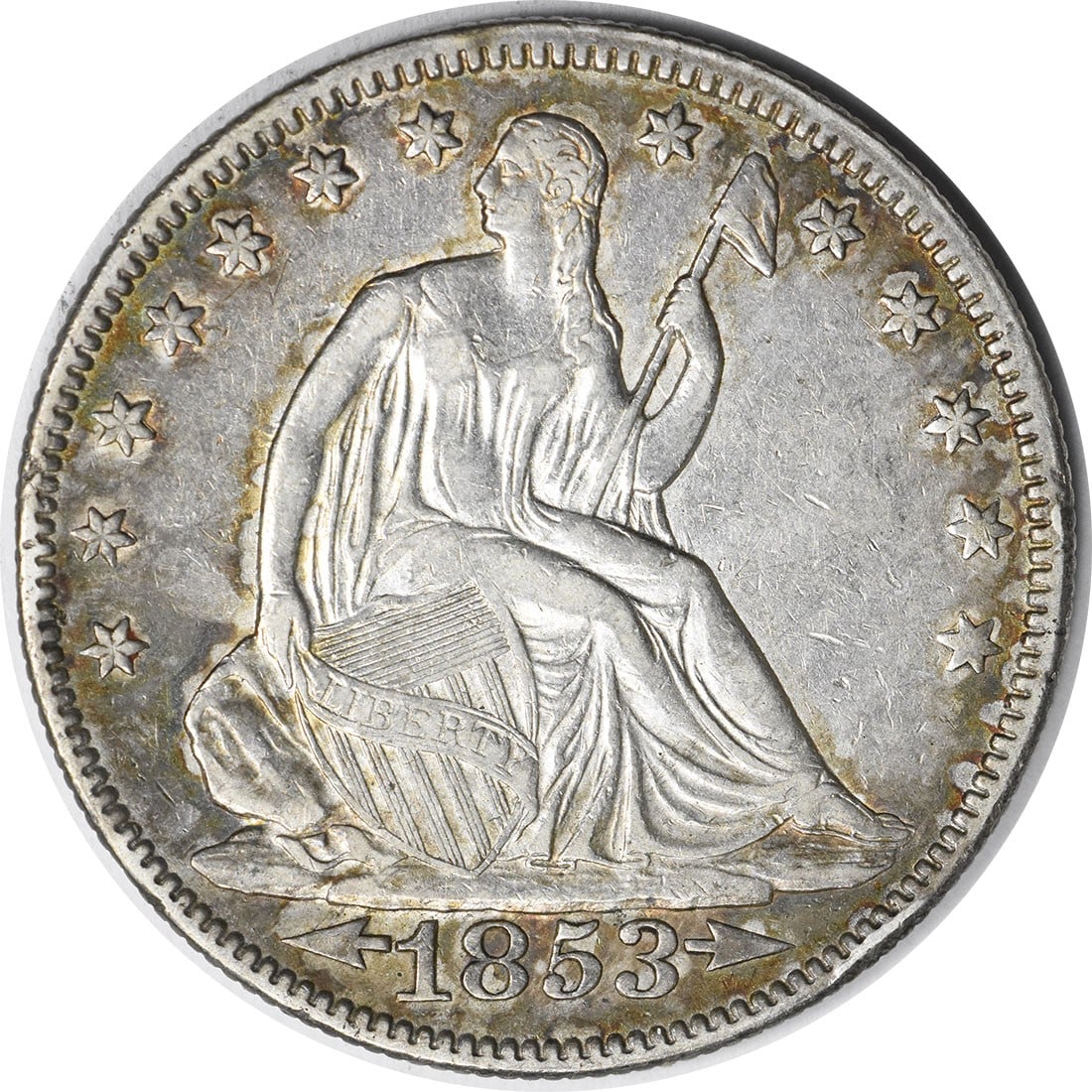 1853 Liberty Seated Silver Half Dollar 50C Uncertified XF Coin: 1853 Liberty Seated Silver Half Dollar 50C Uncertified XF Coin This 1853 Liberty Seated Silver Half Dollar is a classic piece of American numismatics. Featuring the iconic Seated Liberty design, this 