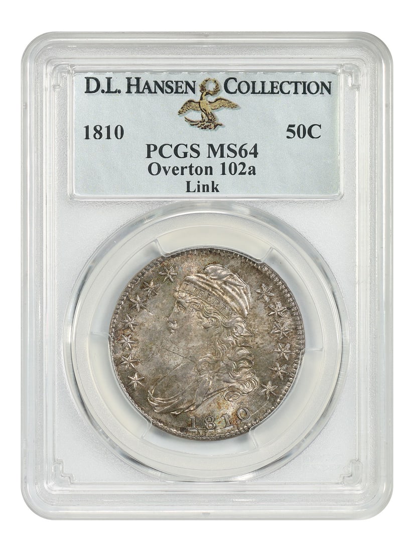 PCGS MS64 1810 Capped Bust Half Dollar Overton-102a ex Link D.L. Hansen: PCGS MS64 1810 Capped Bust Half Dollar Overton-102a ex Link D.L. Hansen 1810 Capped Bust Half Dollar, certified PCGS MS64, Overton-102a variety. Tied with just one other example as the finest known fo