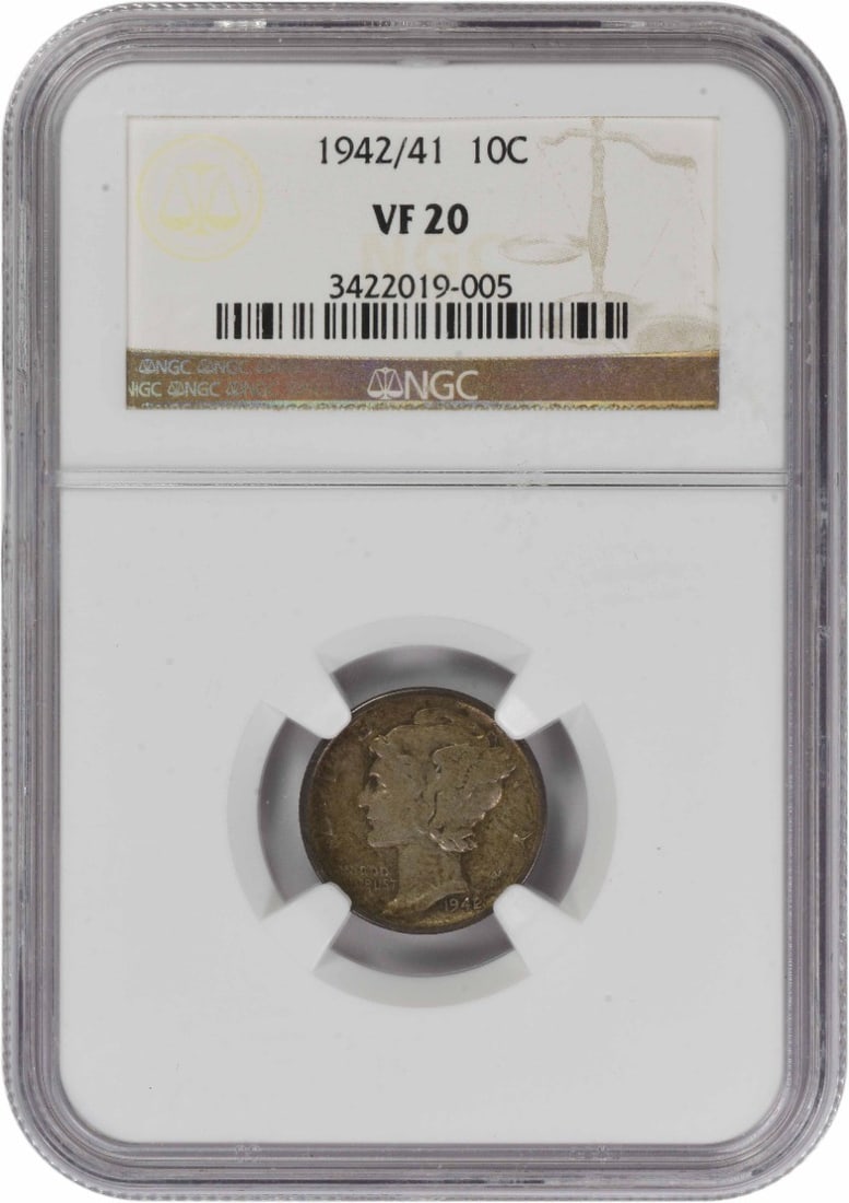 NGC VF20 1942 Overdate Mercury Dime 10C Philadelphia 90 Percent Silver Coin: NGC VF20 1942 Overdate Mercury Dime 10C Philadelphia 90 Percent Silver Coin This is a 1942/1 Mercury Dime from the Philadelphia Mint, graded VF20 by NGC. The coin is composed of 90% silver and 10% cop
