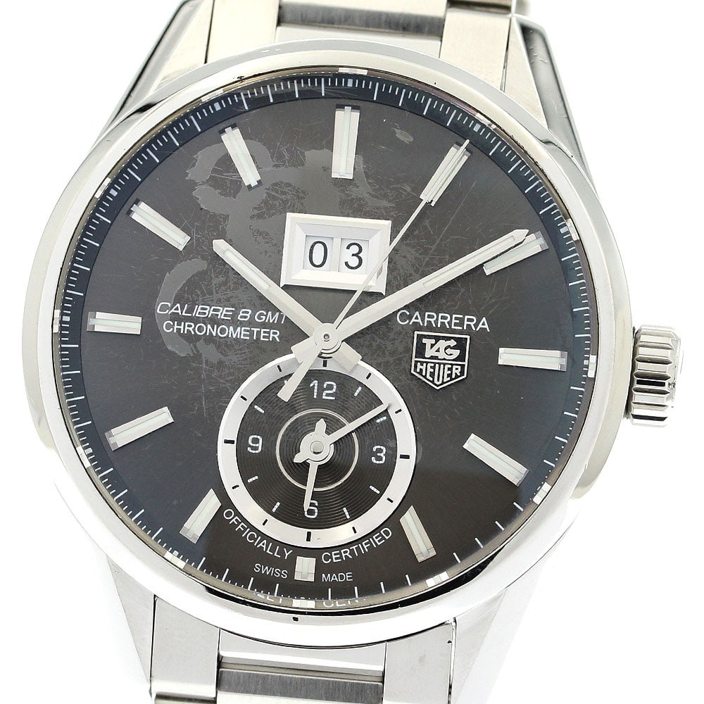TAG Heuer Carrera Grand Date GMT Caliber 8 Automatic Men's Watch WAR5012.BA0723: TAG Heuer Carrera Grand Date GMT Caliber 8 Automatic Men's Watch WAR5012.BA0723 Pre-owned TAG Heuer Carrera Grand Date GMT Caliber 8 automatic wristwatch for men. This Swiss-made model features a gray