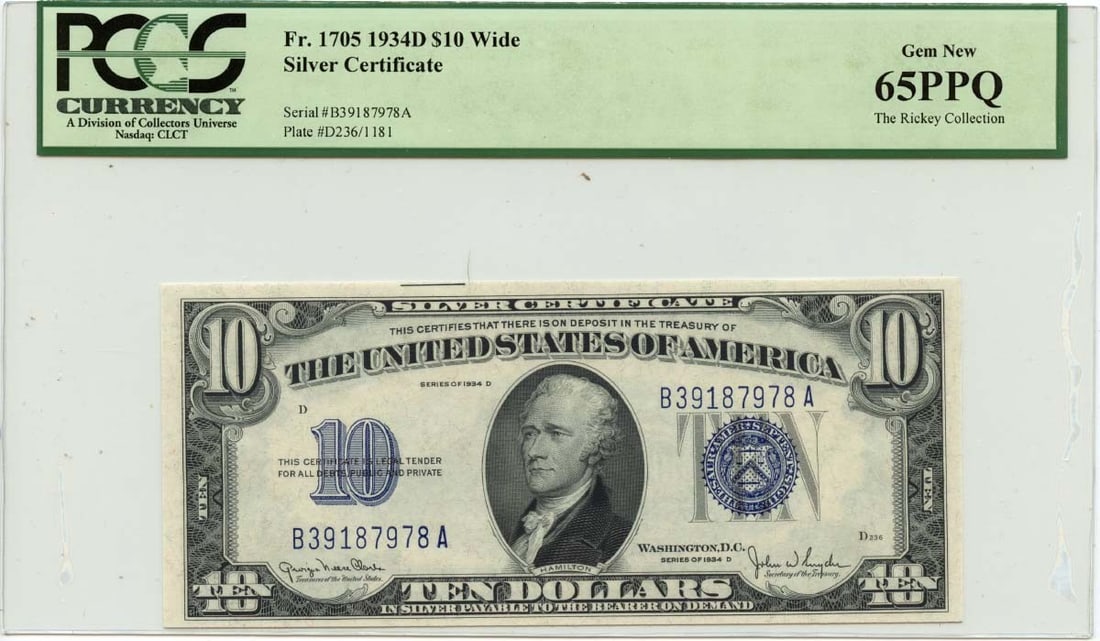 1934D $10 Silver Certificate Fr# 1705 Julian Snyder PCGS GEM 65: 1934D $10 Silver Certificate Fr# 1705 Julian Snyder PCGS GEM 65 This 1934D $10 Silver Certificate features a striking blue design and is certified by PCGS Currency as GEM 65 PPQ. This uncirculated not