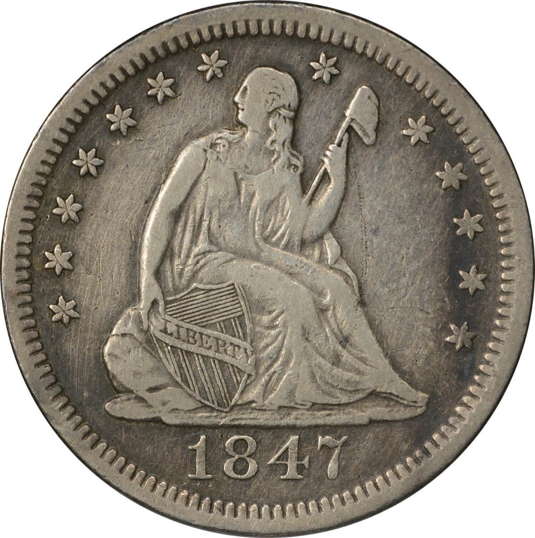 United States 1847 O Seated Liberty 25C Silver Quarter VF: United States 1847 O Seated Liberty 25C Silver Quarter VF 1847-O Liberty Seated silver quarter in circulated, choice VF condition. This uncertified United States 25C coin features the Seated Liberty d