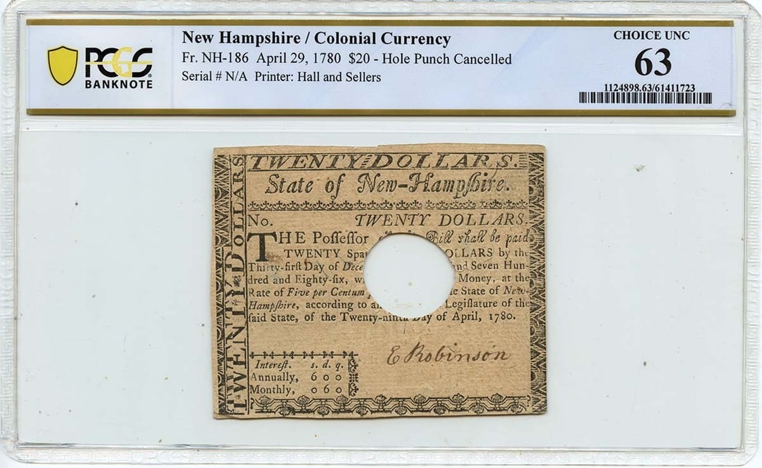 New Hampshire Colonial Currency 1780 20 Dollars Apr 29 PCGS 63: New Hampshire Colonial Currency 1780 20 Dollars Apr 29 PCGS 63 Scarce 1780 New Hampshire colonial note dated April 29 and graded PCGS CU63. This pre-owned piece of United States colonial currency is l