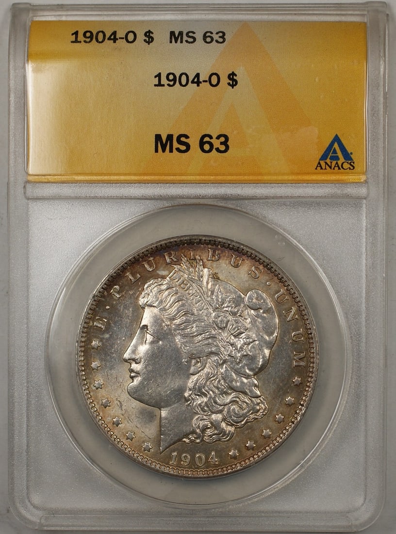 ANACS MS-63 1904-O Morgan Silver Dollar Toned: ANACS MS-63 1904-O Morgan Silver Dollar Toned This is a 1904-O Morgan Silver Dollar coin from the United States, certified by ANACS with a grade of MS 63. The coin features attractive toning and was m