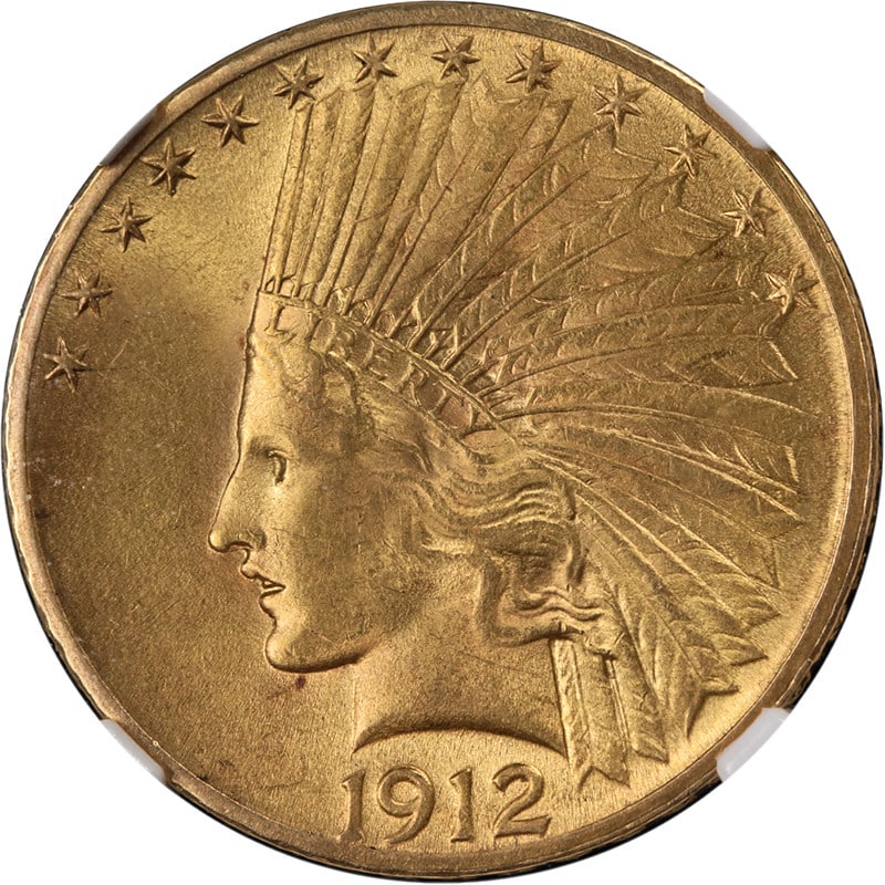 1912 P Indian Head $10 Gold NGC AU58: 1912 P Indian Head $10 Gold NGC AU58 This 1912-P Indian Gold $10 coin is graded AU58 by NGC. It features strong luster, a sharp strike, and appealing color with well-preserved surfaces. The coin is co