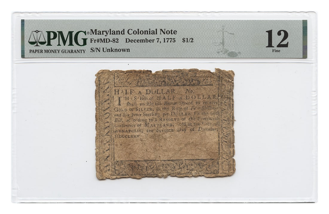Maryland Colonial Currency 1775 Dec. 7 Half Dollar Note PMG Fine 12: Maryland Colonial Currency 1775 Dec. 7 Half Dollar Note PMG Fine 12 Maryland Colonial Currency half-dollar note dated December 7, 1775. This circulated example is PMG graded Fine 12 with a tear noted 