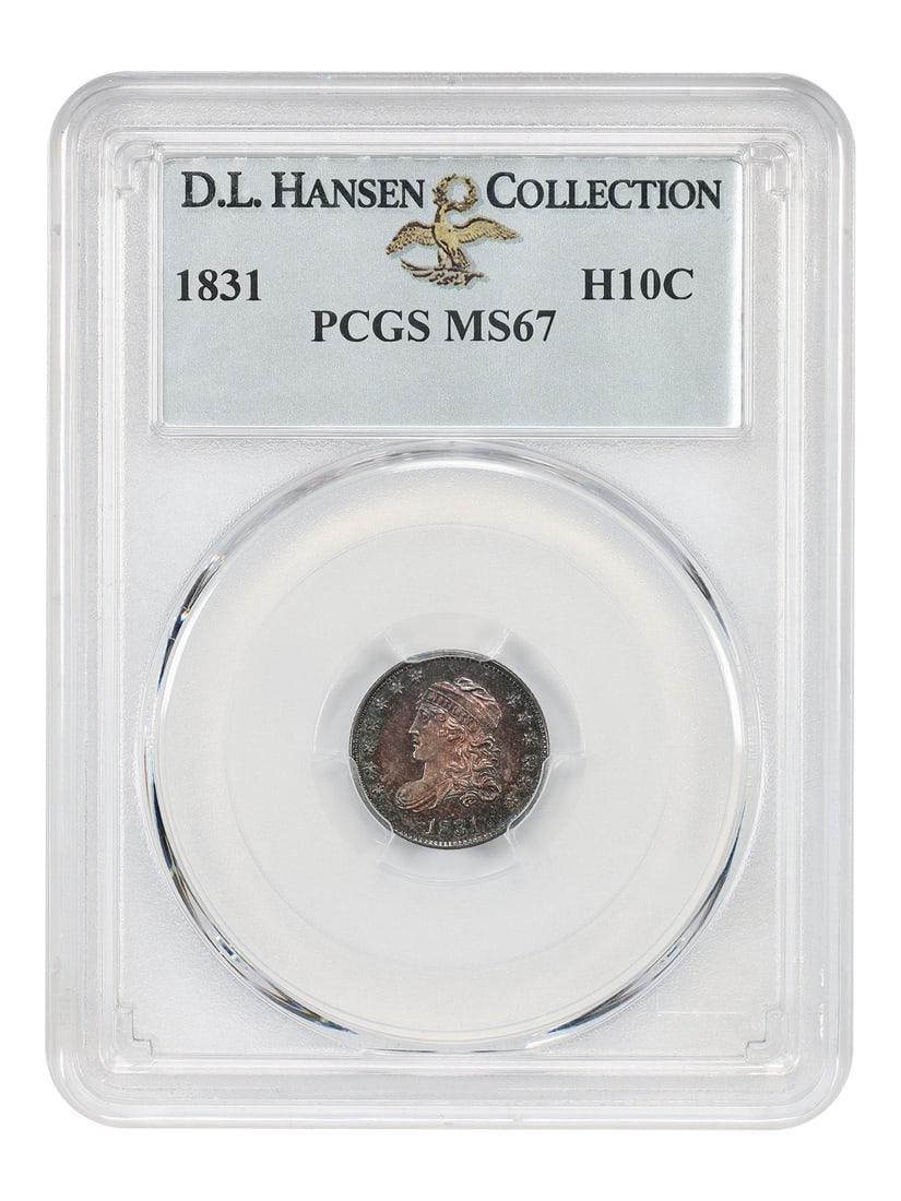 1831 Capped Bust Half Dime PCGS MS67 ex D.L. Hansen: 1831 Capped Bust Half Dime PCGS MS67 ex D.L. Hansen 1831 Capped Bust Half Dime certified by PCGS as MS67. This uncirculated coin is an ex: D.L. Hansen piece. The original description notes boldly proo