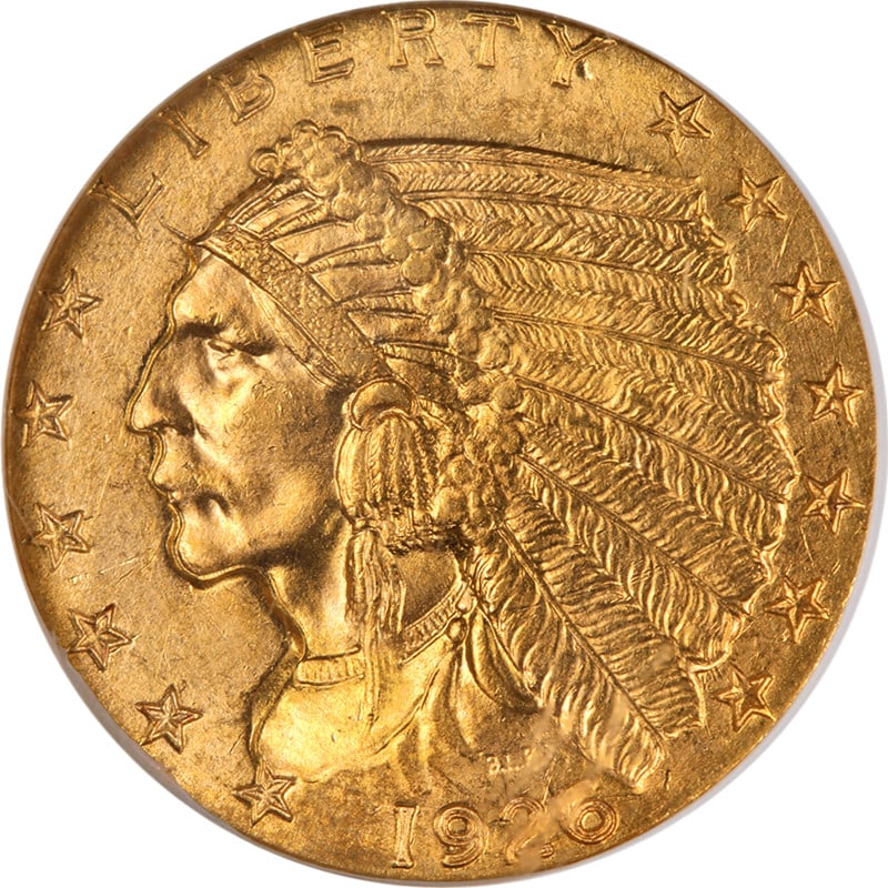 1926 $2.50 Gold Indian Coin NGC MS65 With Exceptional Luster: 1926 $2.50 Gold Indian Coin NGC MS65 With Exceptional Luster This 1926 Indian Gold $2.50 coin is certified by NGC with an MS65 grade, indicating it is uncirculated and in excellent condition. It featu